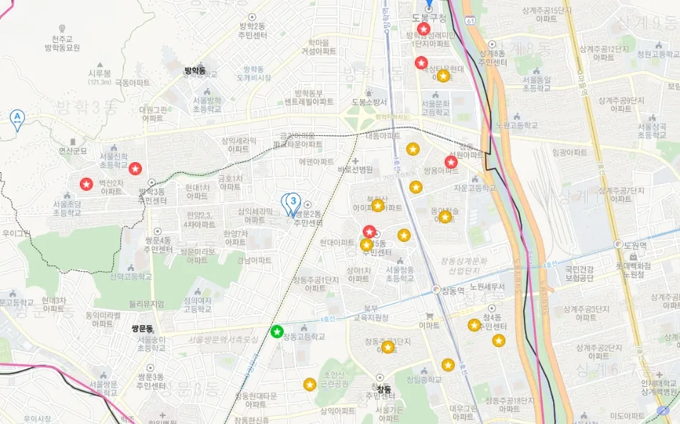 Marketing area analysis map of Dobong-gu, Seoul, with candidate locations marked