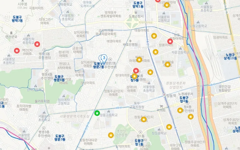 Map of Dobong-gu with administrative dong boundaries overlaid