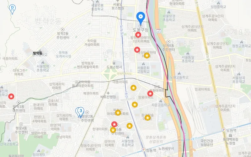 Map of Dobong-gu, Seoul, with candidate locations and competitors marked