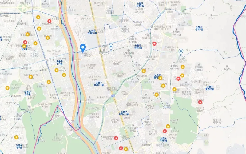 Map of Nowon-gu, Seoul, with price and demand points marked by block